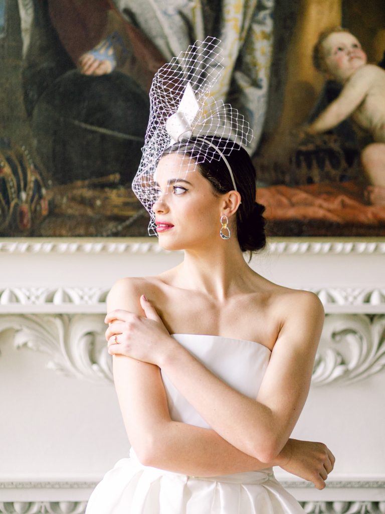 Bridal portrait with Awon Golding headpiece and Halfpenny London gown.