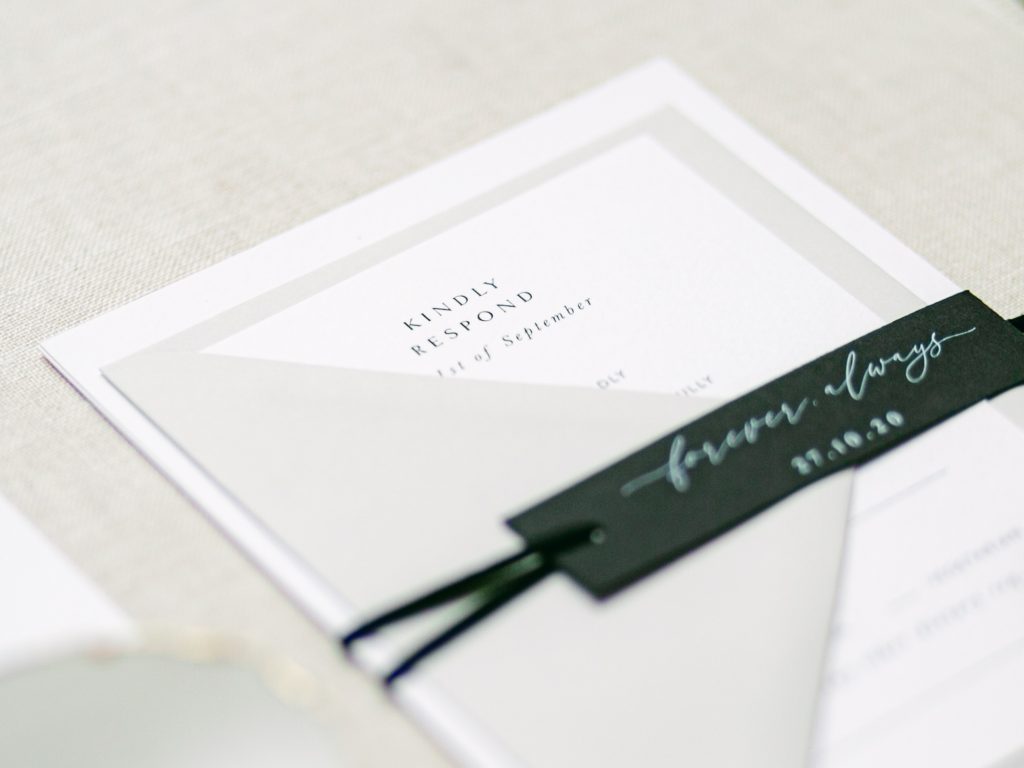 Monochrome fine art wedding stationery.