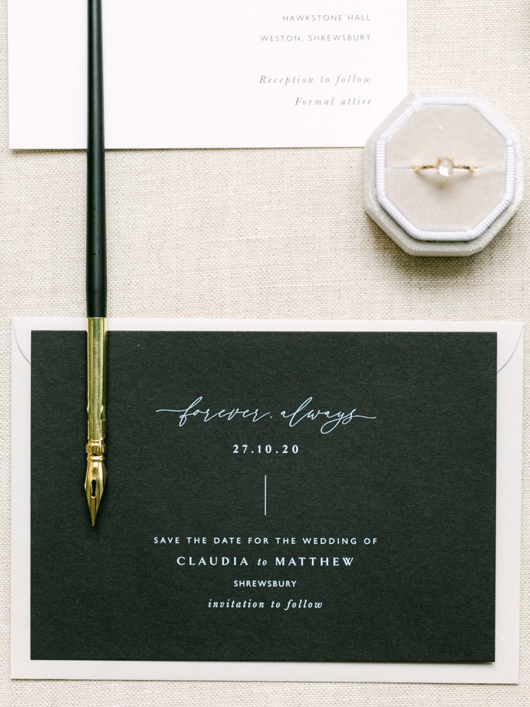 Wedding stationery flat lay details for a fine art wedding.