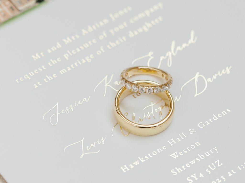 Close up of bride and groom's wedding rings.