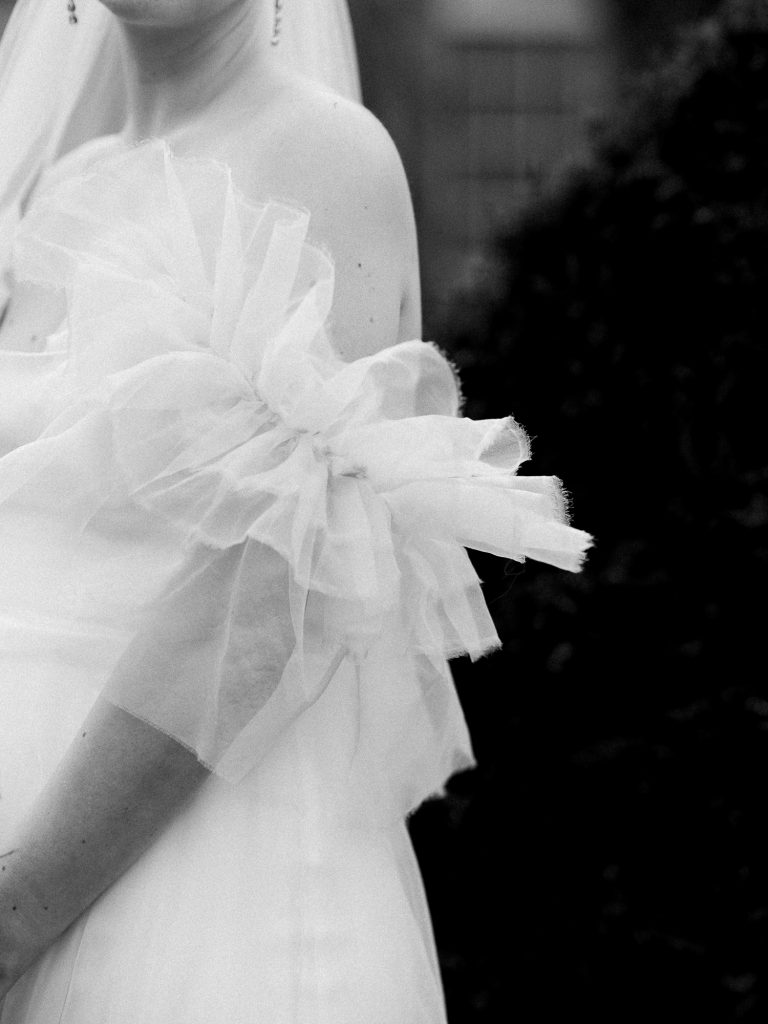 Elegant black and white shot of Else's Halfpenny London wedding dress.